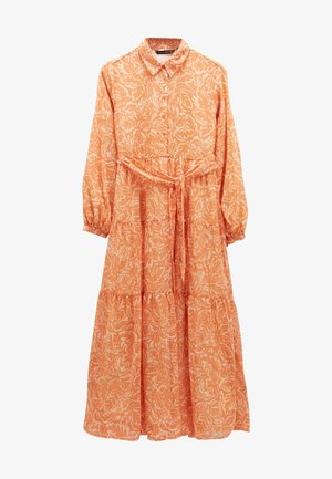 Langærmet orange kjole med hvidt blomsterprint, knaplukning foran, krave, elastiske manchetter og bælte i taljen.