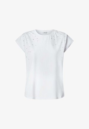 Weißes T-Shirt mit kurzen Ärmeln und Rundhalsausschnitt, verziert mit verstreuten Strasssteinen auf der Vorderseite, aus leichtem Baumwollstoff gefertigt.