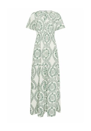 Abito maxi bianco a maniche corte con motivi floreali circolari verdi ricamati e vita arricciata.