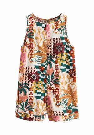 Rukávový overal s viacfarebným tropickým kvetinovým a geometrickým záplatovým vzorom v zelených, hnedých, ružových a žltých tónoch.