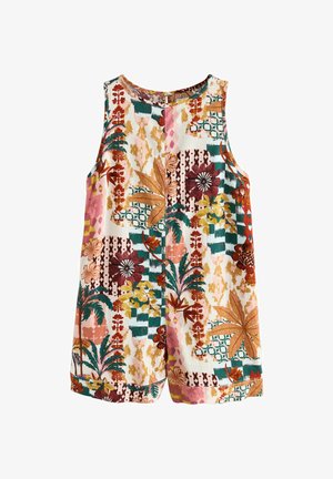 Mouwloze romper met meerkleurige tropische bloemen- en geometrische patchworkpatronen in groen-, bruin-, roze- en geeltinten.