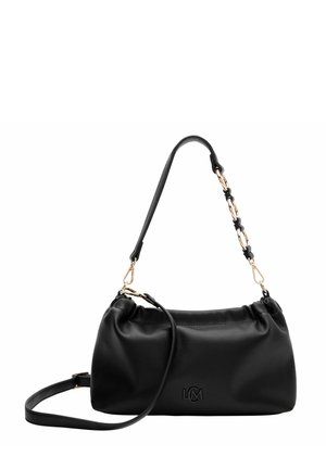 Borsa a tracolla in ecopelle nera con forma arrotondata, caratterizzata da una tracolla in pelle rimovibile e dettagli in catena dorata. Include il logo del marchio.