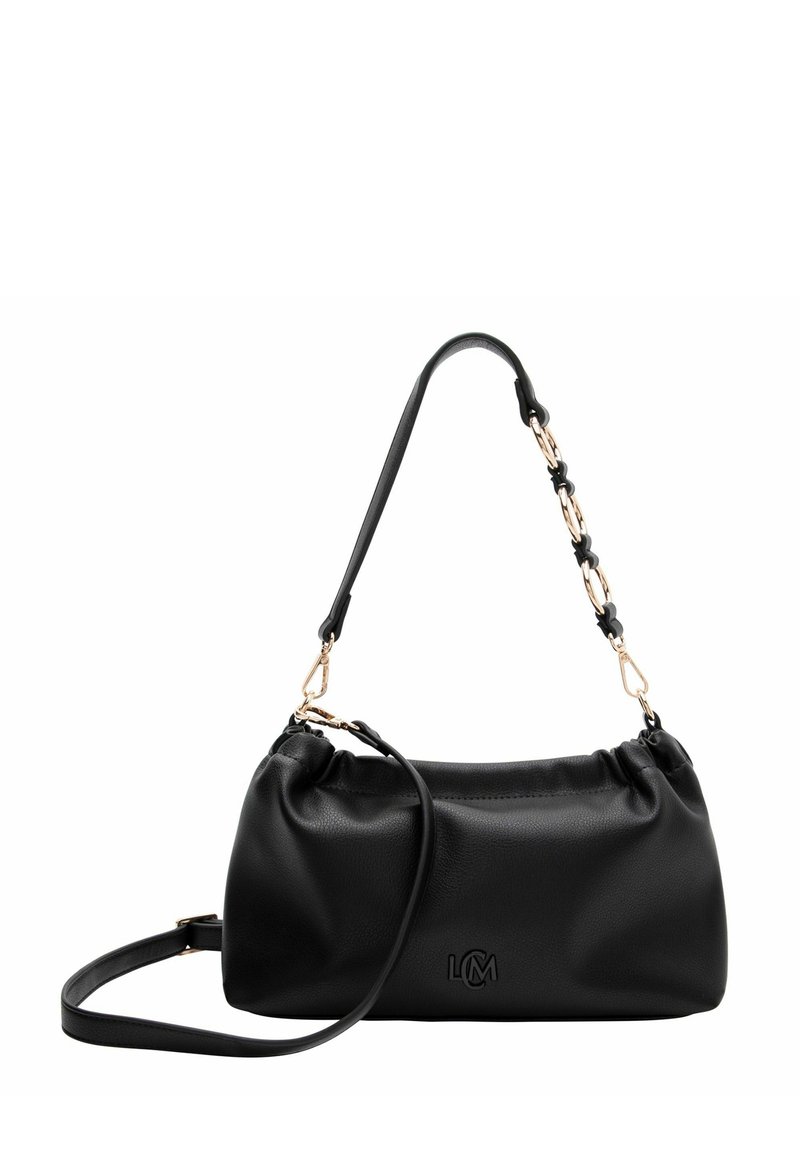 Borsa a tracolla in ecopelle nera con forma arrotondata, caratterizzata da una tracolla in pelle rimovibile e dettagli in catena dorata. Include il logo del marchio.