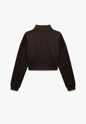 Zugeschnittenes schwarzes Sweatshirt mit hohem Kragen, überschnittenen Schultern, langen Ärmeln und gerippten Bündchen. Glatter Stoff mit minimalistischem Design.