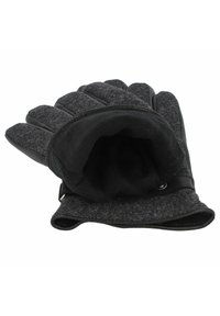 Leder- und Filzhandschuhe in Dunkelgrau mit strukturiertem Design, glattem Innenfutter und verstellbarem Riemen am Handgelenk.