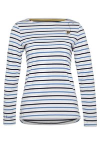 Camicia bianca a maniche lunghe con righe orizzontali alternate di un blu chiaro e nero, con un piccolo ape ricamato vicino all'ascella.
