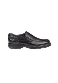Scarpa in pelle nera slip-on con punta tondeggiante, pannelli laterali elasticizzati e finitura testurizzata. Presenta una suola imbottita per il massimo comfort.