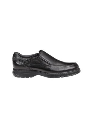 Zapato negro de charol sin cordones con punta redonda, paneles elásticos en los laterales y un acabado texturizado. Presenta una suela acolchada para mayor comodidad.