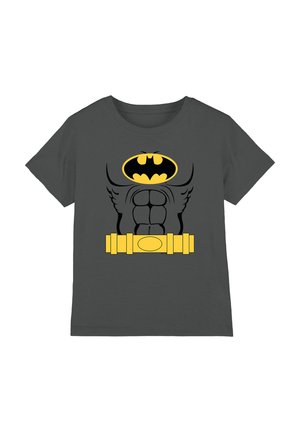 Dark gray child t-shirt with a yellow and black Batman logo, printed muscles, wings, and a yellow utility belt design on the front.