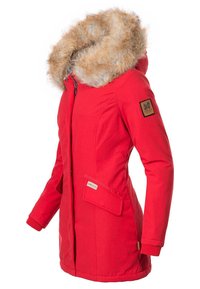 Rode parka-jack met nep bont capuchon, lange mouwen, ritssluiting, zijzakken en een patch op de linkermouw. Soepele stof en duurzame ontwerp.