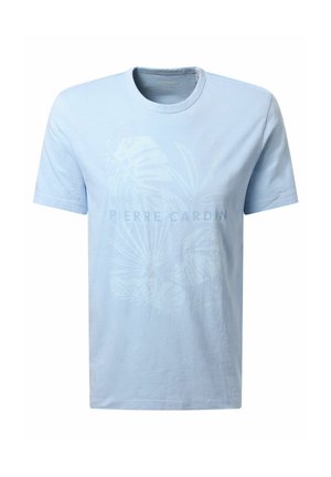Lichtblauw katoen t-shirt met ronde hals, korte mouwen, voorzien van een subtiele tropische bladprint en de tekst "Pierre Cardin" in het midden.