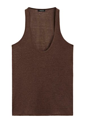 Brązowy bezrękawnik z głębokim okrągłym dekoltem, wykonany z lekkiego materiału, z metką Massimo Dutti przy kołnierzu.