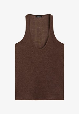 Débardeur marron sans manches avec un profond col en U, fabriqué en tissu léger, étiquette Massimo Dutti à l'intérieur du col.