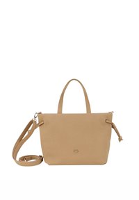 Borsa tote beige realizzata in materiale sintetico, con due manici, una tracolla removibile e un logo sottile sul davanti.