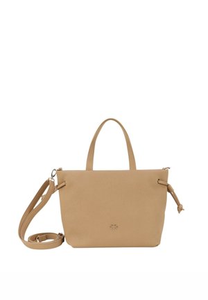Borsa tote beige realizzata in materiale sintetico, con due manici, una tracolla removibile e un logo sottile sul davanti.