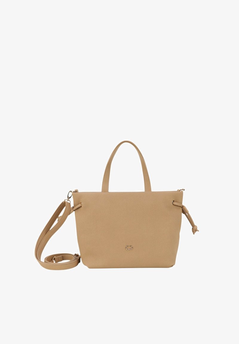 Beige tote taske lavet af syntetisk materiale, med to håndtag, en aftagelig skulderrem og et diskret logo på forsiden.