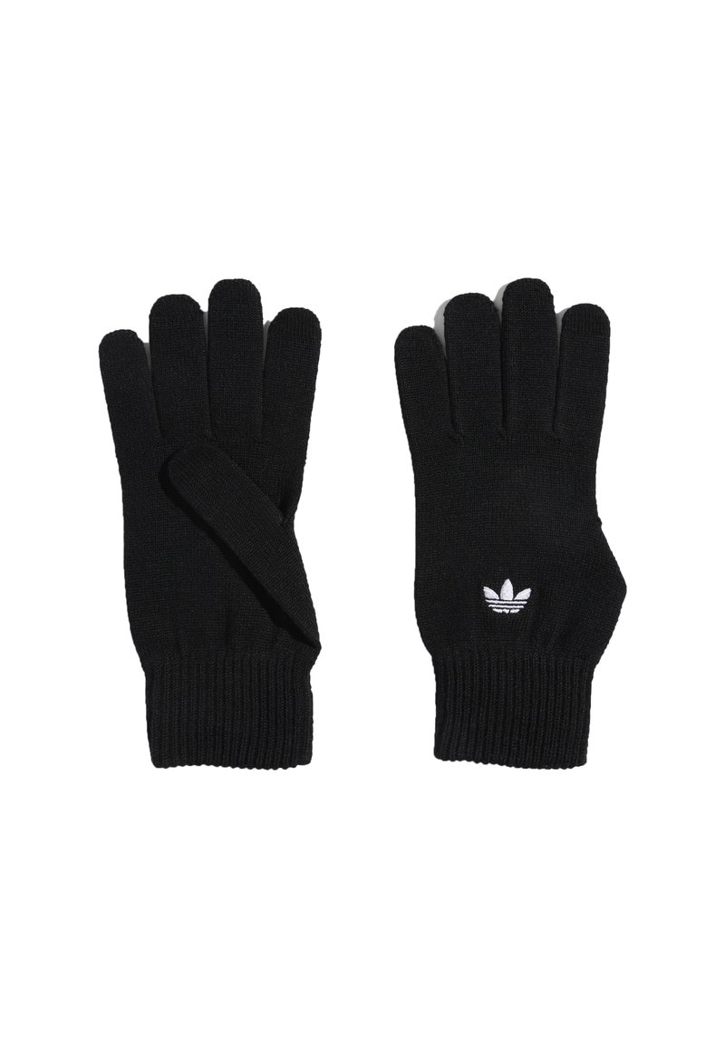 Mustad mustriga kinnastega, ribakantidega. Ühel kinnasel on väike valge Adidas'i logo. Standardne viie sõrmega disain.