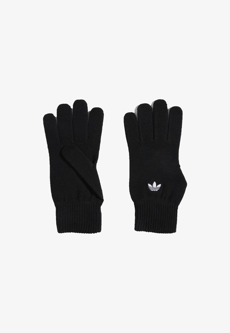 Luvas tricotadas em preto com punhos canelados. Apresentam um pequeno logótipo branco da Adidas numa das luvas. Design padrão de cinco dedos.