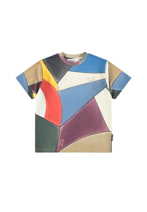 T-shirt à manches courtes avec des formes géométriques abstraites en bleu, rouge, jaune, violet, beige et vert.