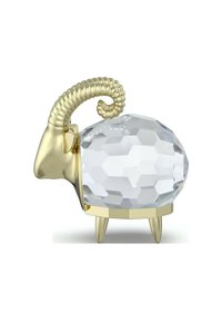 Przezroczysta figurka owcy z kryształu o fasetowanej powierzchni, złocone rogi i cztery złote nóżki, podkreślająca swoje geometryczne kształty i wypolerowane powierzchnie.