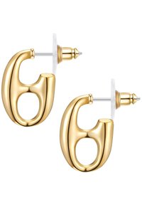 Guldtonade hoops med en modern, abstrakt design, som har en slät yta och framträdande utskurna former. Standard låsning med post.