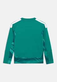 Top sportivo verde a maniche lunghe con dettagli bianchi sulle spalle, realizzato in un tessuto liscio ed elasticizzato. Presenta un orlo arrotondato e maniche raglan.