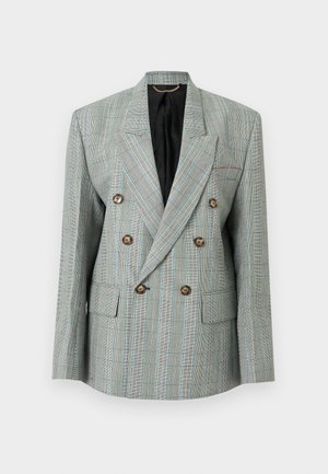 Blazer cruzado en tejido de cuadros azul claro. Presenta botones dorados, solapas con muesca y un forro interior negro.