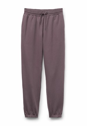 Pantalones de chándal grises confeccionados con una tela suave, que cuentan con una cintura elástica con cordón, piernas ajustadas y puños elásticos en los tobillos.