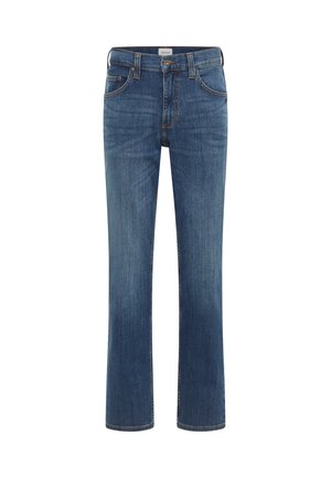 Blaue Denim-Jeans mit geradem Bein, fünf Taschen und sichtbaren Nähdetails. Verfügt über einen klassischen Reißverschluss und Gürtelschlaufen.