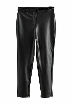 Black faux leather slim-fit pants with cropped length and a front zipper closure on a white background.