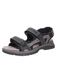 Sandale d'extérieur noire et grise avec des sangles réglables, semelle intérieure rembourrée et semelle en caoutchouc texturé pour une meilleure adhérence et confort.