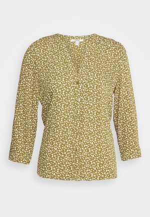 Olijfgroene blouse met witte bloemenprint, knoopsluiting aan de voorkant, V-hals en lange mouwen. Gemaakt van lichtgewicht stof met een ontspannen pasvorm.