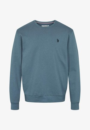 Felpa in cotone blu con scollo a girocollo, maniche lunghe e un piccolo logo nero di polo sul petto. Polsini e fondo a costine.