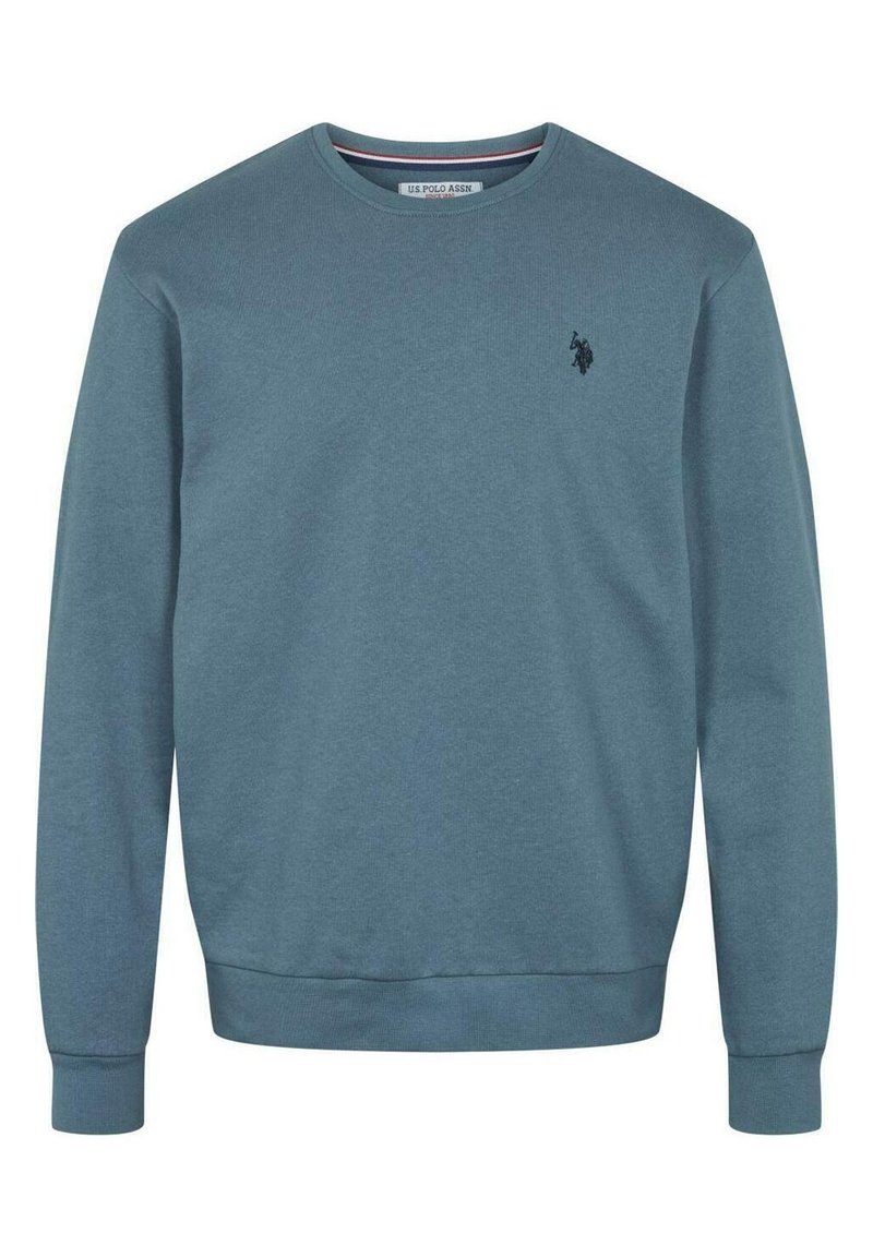 Sweatshirt en coton bleu avec un col rond, des manches longues, et un petit logo polo noir sur la poitrine. Poignets et ourlet côtelés.