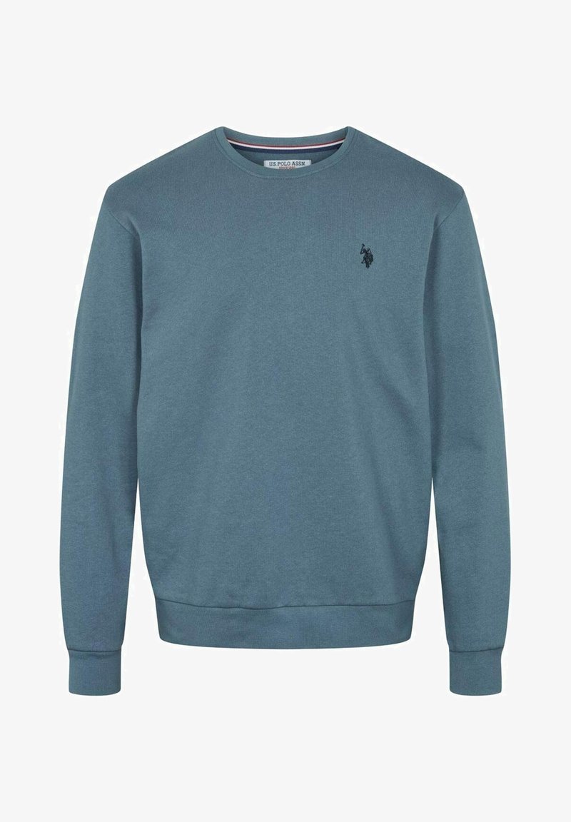 Sweatshirt en coton bleu avec un col rond, des manches longues, et un petit logo polo noir sur la poitrine. Poignets et ourlet côtelés.