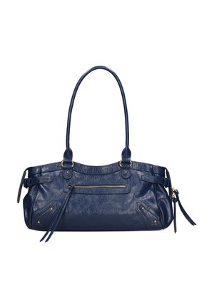 Donkerblauwe leren handtas met lange hengsels, voorvak met rits, decoratieve zijriemen en hardware in goudkleurige tint.