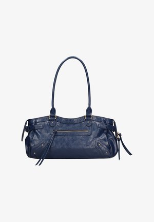 Borsa a mano in pelle blu navy con manici lunghi, tasca frontale con cerniera, cinturini laterali decorativi e dettagli in metallo dorato.
