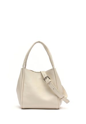 Cream-colored leather handbag with double handles and an adjustable buckle strap, shown against a white background.
