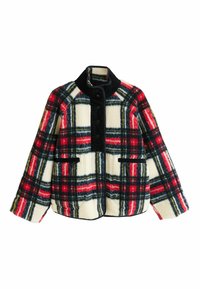 Plaid jakk, mille põhivärv on kreemikas ja millel on punased, mustad ja kollased ruudud. Valmistatud pehmest, kergetest materjalidest, millel on kõrge krae ja nööpide sulgemine.