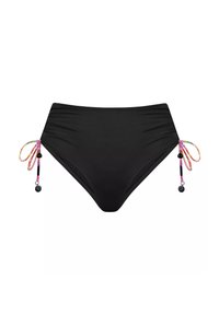 Czarne bikini dolne z marszczeniami, z boku związane kolorowymi sznurkami i koralikami, wykonane z gładkiego materiału kąpielowego.