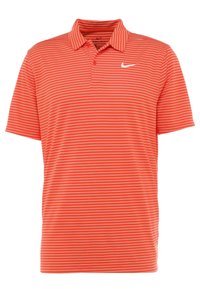 Kortärmad polo t-shirt i klar orange med vita horisontella ränder, en krage och en liten vit Nike-logga på vänster bröst.
