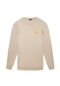 Beige trui gemaakt van zacht materiaal, met een ronde halslijn en lange mouwen. Een opvallend geel bomenlogo op de borst. Geribde cuffs en zoom.