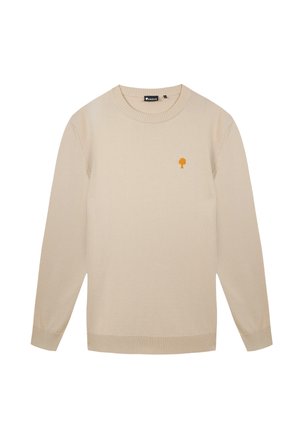 Beige Pullover aus weichem Material mit Rundhalsausschnitt und langen Ärmeln. Auffälliges gelbes Baumlogo auf der Brust. Gerippte Bündchen und Saum.