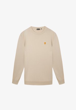 Beige sweater made of soft material, featuring a round neckline and long sleeves. Notable yellow tree logo on the chest. Ribbed cuffs and hem.