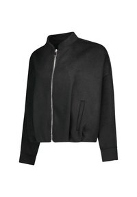 Giacca nera con zip, colletto a costine, maniche lunghe e tasche laterali, esposta su uno sfondo bianco.