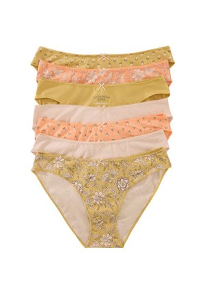 Set of seven women's panties in yellow, peach, and beige, featuring plain, floral, and polka dot patterns, made of soft fabric with lace accents.