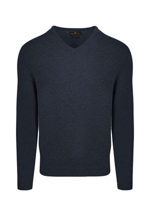 Marineblauwe v-hals trui van een zachte breiselstof. Lange mouwen, ribgebreide manchetten en zoom, gladde textuur, minimalistisch ontwerp zonder patronen of accenten.