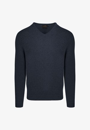 Marineblauwe v-hals trui van een zachte breiselstof. Lange mouwen, ribgebreide manchetten en zoom, gladde textuur, minimalistisch ontwerp zonder patronen of accenten.