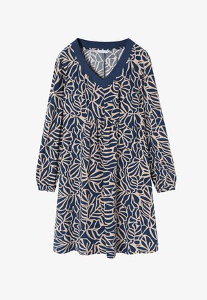 Tume sinise pikkade varrukatega kleit, millel on V-kaelus, beež abstraktne lehe muster, kogutud taljejoon ja sile tekstuur.
