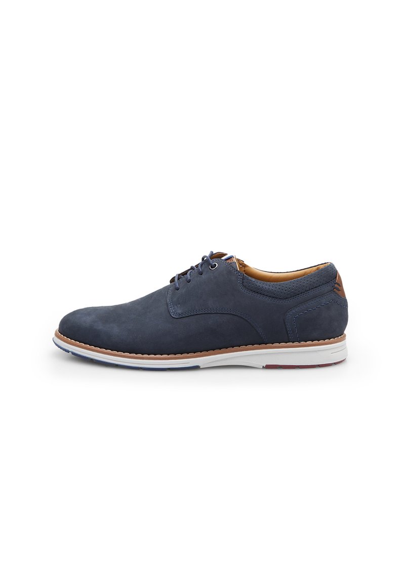 Navy suede lace-up shoe with a rounded toe, light brown accent at the heel, and white sole with red and blue details. Textured upper.